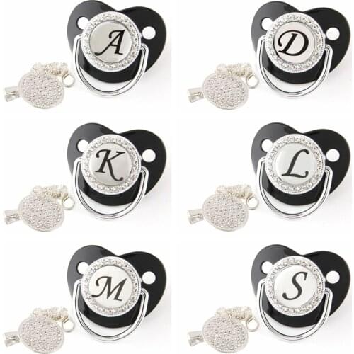 Silver Baby Pacifier Clips Chain 26 Name Initial Letters Silicone Infant Nipple Bling Newborn Dummy BPA Free Baby Soother