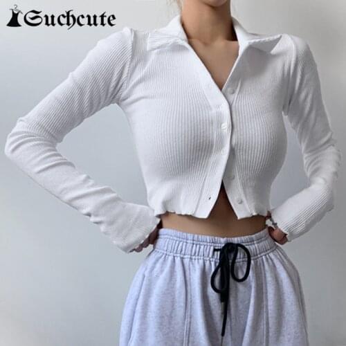 SUCHCUTE Autumn Solid White Basic Crop Tops For Women Korean Style Long Sleeve Fitness T-Shirt Casual Botton Up 90s Outfits
