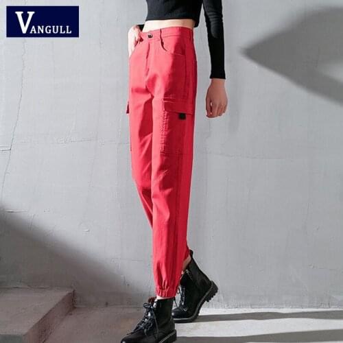 Vangull Fashion Solid Women Cargo Pants Autumn New High Waist Ankle-Length Pants Zipper Pocket Sport Ladies Tie Feet Trousers