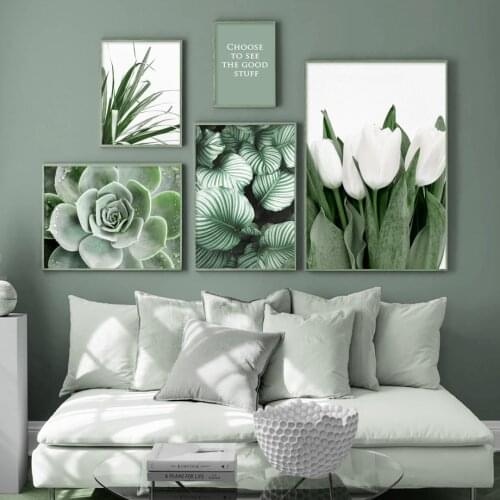 Green plant white tulip orchid aloe monstera art canvas painting Nordic posters and prints living room decoration wall painting