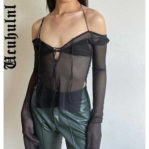 Ucuhulnl Y2k Punk Mesh See Through T-Shirts Women Cyber Sexy Summer Halter Tops Lace Up Long Sleeve Patchwork Slit Hem Clothes