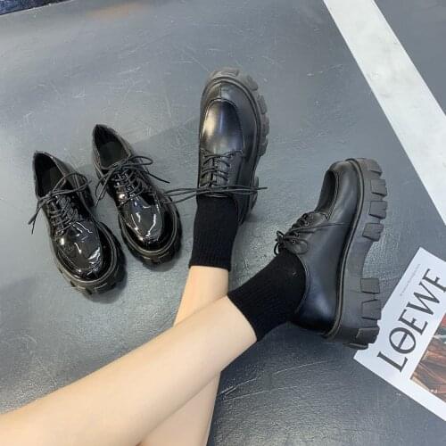New Autumn Women Shoes Solid Black Leather Oxford Shoes Woman Lace Up High Heels Thick Bottom Platform Loafers Casual Shoes