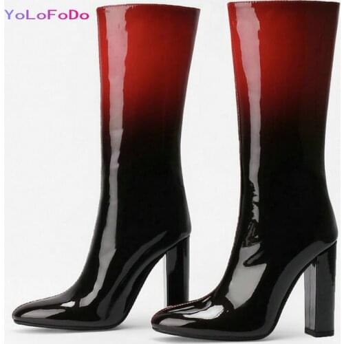 2021 Autumn Winter Women Knee High Boots Patent PU Leather High Quality Women Chunky Boots Round Toe Square High Heel Boots