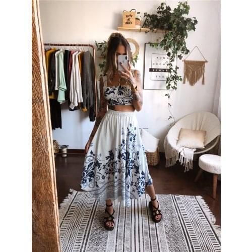 Puloru Women Two-piece Skirts Set Summer Boho Floral Printed Sleeveless Crop Tank Tops and Flared A-Line Midi Skirts Lady Outfit