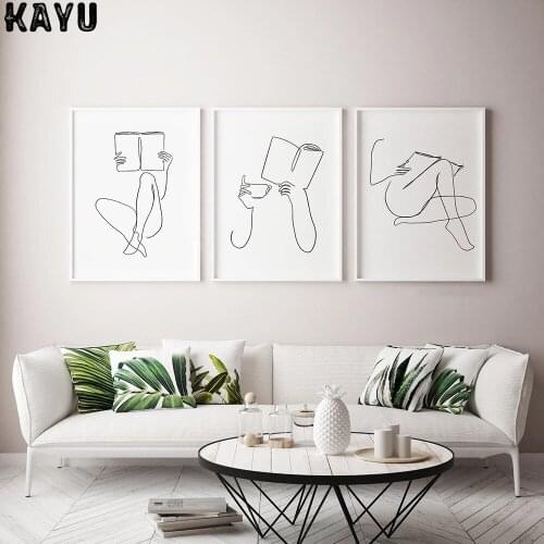 Woman Nude Line Drawing Painting Girl Reading Love Line Art Poster Sensual Canvas Print Vintage Wall Pictures Living Room Decor