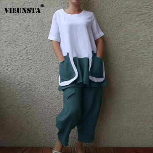 2021 Two Piece Linen Cotton Women Casual O Neck Shirt Top and Long Pants Suits Spring Summer Short Sleeve Pocket Fashion Outfits