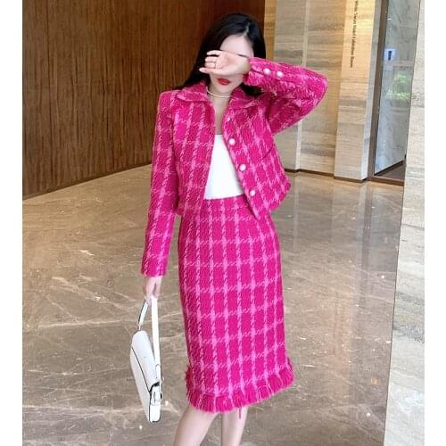 2021 Autumn Winter Woolen 2 Piece Set Women Plaid Metal Button Rose Red Short Jacket Coat + Tweed Split Pencil Knee Skirt Suits