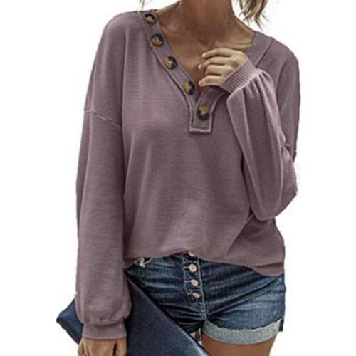 Buttons Decor Women Knitted Sweater Oversize Stretchy Pullover Top 2021 Autumn V Neck Long Sleeve Slim Blouses Knitwear
