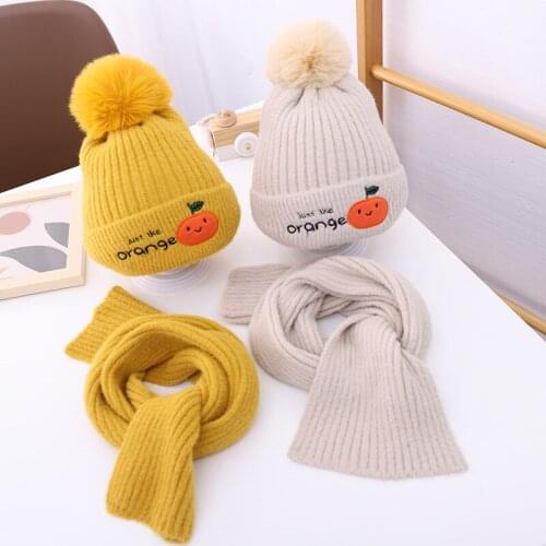 Doitbest 2 to 8 years old winter beanie for kids boys fur ball orange Knit hats acrylic winter 2 pcs boy girl hat scarf set