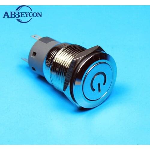 19mm Momentary 12V Power Symbol Lamp Illuminated Light Waterproof Power Logo Push Button Switch Pin Terminal Flat Round Head