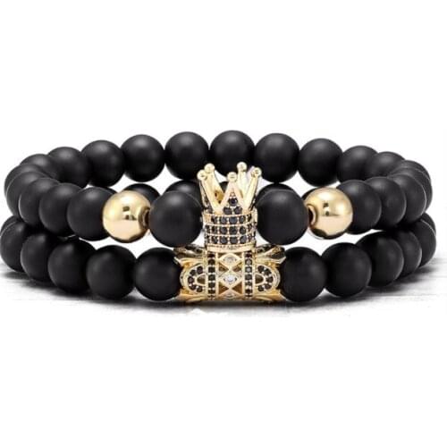 2pcs/lot 8mm crown gold silver copper cz zircon cubic zirconia beads Yoga Bracelet elastic agate Stone Bangles ryt3f