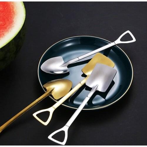2PCS/set Stainless Steel Iron Shovel Spoon Coffee Ice Cream Spoon Engineering Shovel Retro Cute Square Head Spoon Kitchen Gadget