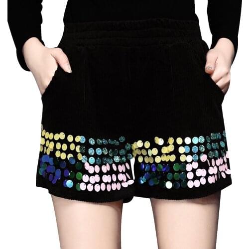 2017 Winter Autumn Fashion Women Glitter Embroidery Green Black Corduroy Shorts , Wide Leg Slim Elastic Waist Shorts For Woman