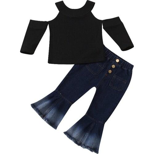 2021 Kid Girl Long Sleeve Off-shoulder Knitted Top Flared Denim Pants Children Clothes Set 2-8 Years