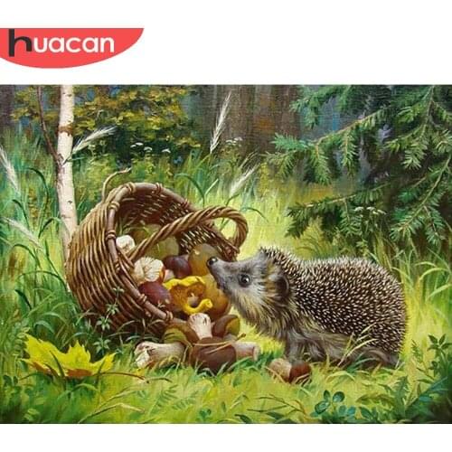HUACAN Diamond Art Painting Hedgehog Embroidery Mushroom Basket Cross Stitch Mosaic Natural Forest Animal Home Decor