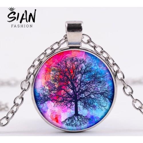 SIAN Tree of Life Necklace Collection Creative Wishing Tree Oil Painting Glass Cabochon Pendant Necklace Women Jewelry Best Gift