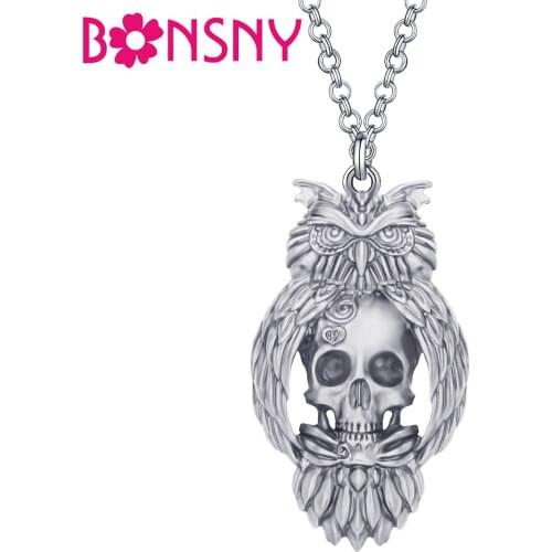 Bonsny Halloween Alloy Antique Gold Plated Owl Skull Necklace Aesthetic Skeleton Pendant Jewelry For Women Girls Gift Charms