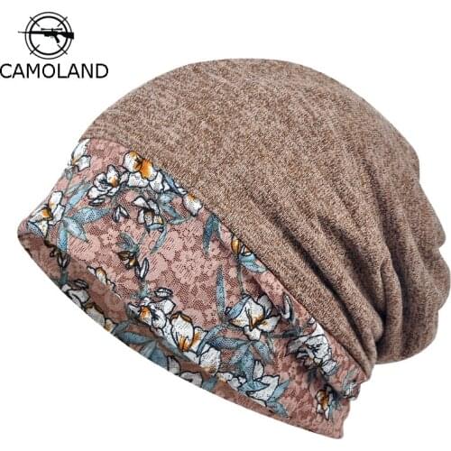 CAMOLAND Hot Sale Women Lace Floral Design Beanies Female Autumn Skullies Hat Patchwork Pattern Scarf Womens Outdoor Caps