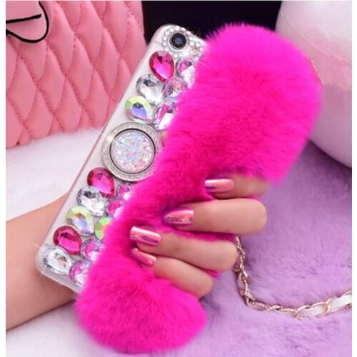 Luxury Bling Big Rhinestone Diamond Real Rabbit Fur Case For iphone 11 12 Pro MAX 6 7 8 Plus X Xs Max XR With Ring Holder Case