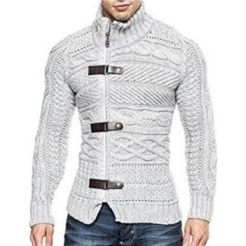 Mens High Collar 3 Leather Buckle Long-sleeved Knitted Tops for Autumn and Winter New Slim Zipper Cardigan Jacket Men