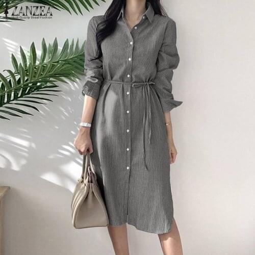 Elegant Striped Shirt Dress Womens Spring Sundress ZANZEA 2021 Casual Long Sleeve Button Knee Length Vestidos Female Lapel Robe