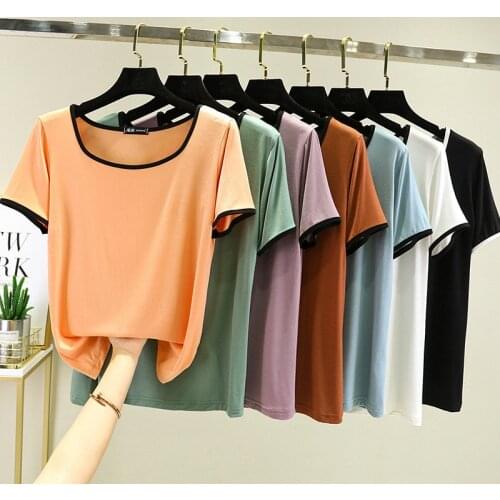 Summer Female T-Shirt Square Neck Short Sleeve Simple Basic T-Shirt Modal Cotton Crop Top Multicolor T-Shirt L XL XXL