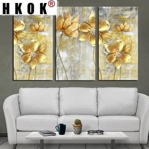 HKOK Yellow Lotus Combined Canvas Painting Landscape Wall Art Golden Posters And Prints Pictures for Living Room Home Decor