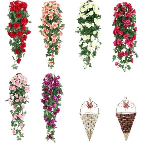 Artificial Hanging Rose Flower Garland Flowers Vine Roses Rattan Fake Plant With Green Leaves Wedding Decorative Wreath