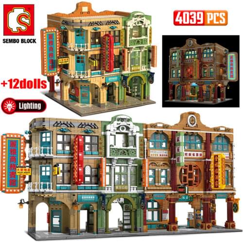 SEMBO LED City Street View Hong Kong Style Shop Classic Building Blocks Friends Coffee House Figure Bricks DIY Toys For Children