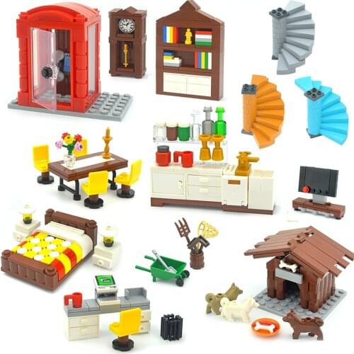 MOC Creator Building Blocks Desk Bookcase Fish Tank Bathtub Set Building Blocks Child Creator DIY Scene Building Block Toys Set
