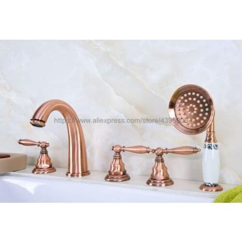 Bathtub Faucet widespread 5 Hole Tub Sink Mixer Tap Red Copper Bathroom Hot Cold Water Faucet with Handshower Btf236