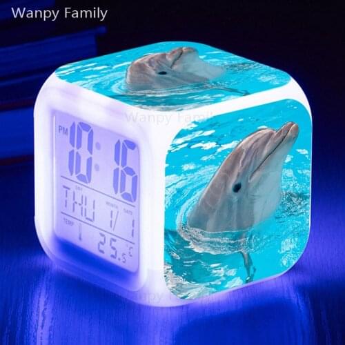 Cute Dolphin alarm clock 7 color glowing LED digital clock big screen luminous electronic watch for childrens birthday present