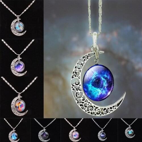 Fashion Necklace Astrology Galaxy Crescent Moon Glass Bead Pendant Necklace Crystal Jewelry Gifts for Women Men Jewelry NDS