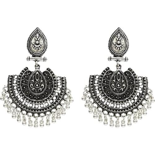 Trendy Jewelry Bohemia Vintage Ethnic Tibetan Gold Silver-color Round Drop Jhumik Earring Carved Flowers dangle Earrings Women