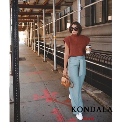 KONDALA Women Za Fashion 2021 casual Sweater Burgundy Shoulder Pad Knit sleeveless Top Ladies Vest Elegant Mujer Tops