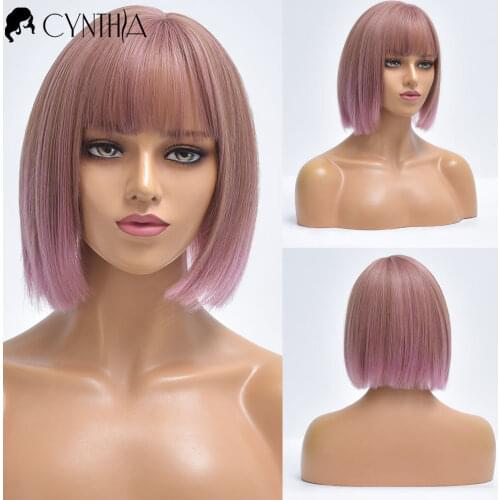 Pink Short Straight Daily Ombre Hair Synthetic Wigs For White Women With Bangs Cosplay Heat Resistant Nutural Fiber Bob Wig