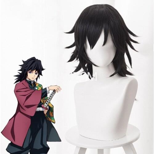 Anime Demon Slayer Kimetsu no Yaiba Tomioka Giyuu Nature Black Heat Resistant Cosplay Costume Wigs