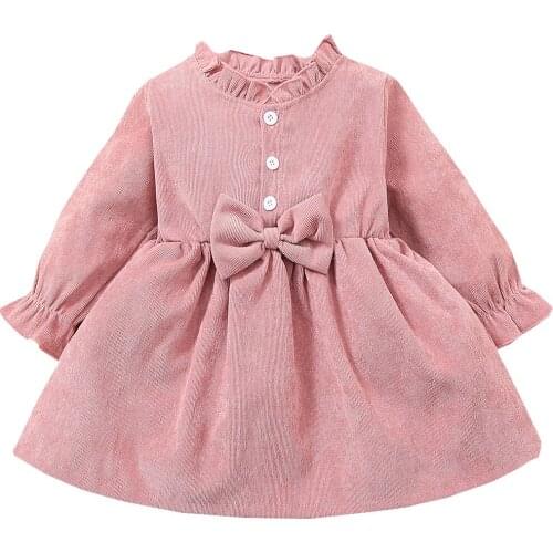 Little Girl’s Casual Long Sleeve Dress Fashion Solid Color Corduroy Button A-line Dress