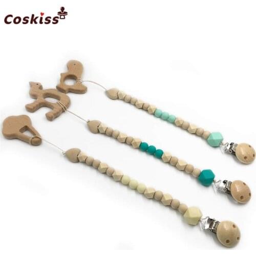 3pc Baby Teether Organic Wooden Animal Teether Natural Teething Grasping Toy Silicone Bead Toddler Teether Newborn DIY Baby Gift
