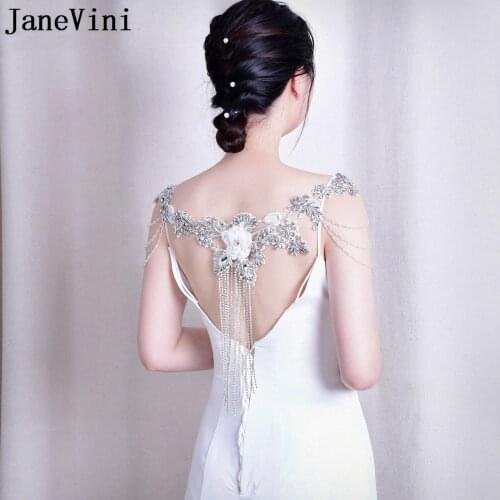 JaneVini 2021 Luxury Crystal Handmade Bridal Shoulder Necklace Lace Flowers Beaded Tassels Wedding Jewelry Shoulder Chain Straps