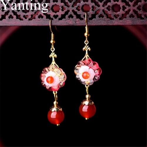 Yanting Sweet Candy Color Earrings Hanging Glass Glazed Flower Earrings With Stones Gifts For Women Female Girls Brincos 0454