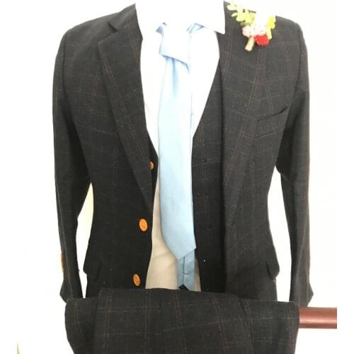 Wool Plaid Fashion Men Slim Fit Suits One Button Groom Tuxedos esmoquin hombre men wedding suits 2017(jacket+pant+vest)