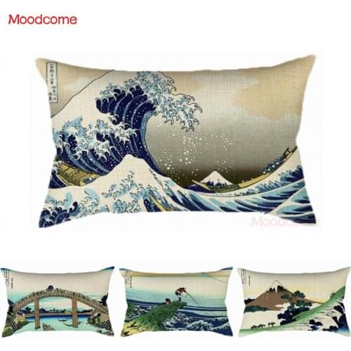 Vintage Katsushika Hokusai 36 Views Mount Fuji Great Wave Ukiyoe Japanese Art Cotton Linen Rectangle Waist Pillow Cushion Cover