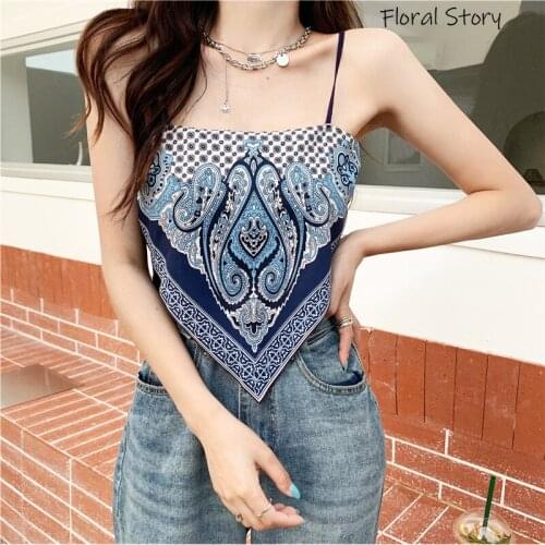 Woman Vintage Spaghetti Top Paisley Printed Street Wear 2021 Summer Beach Boho Style Cami Tops 90S Fashion Sexy Angle Scarf Top