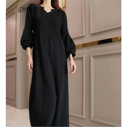 Women Autumn Winter Long Sweater Knitted Dress Puff Sleeves Vintage Bodycon Plus Size V Neck Vestidos Mujer Robe Pull Femme