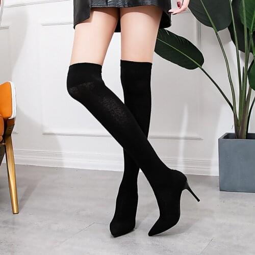 2019 autumn and winter wild fine with pointed knit elastic boots high heel boots over the knee socks boots female large size