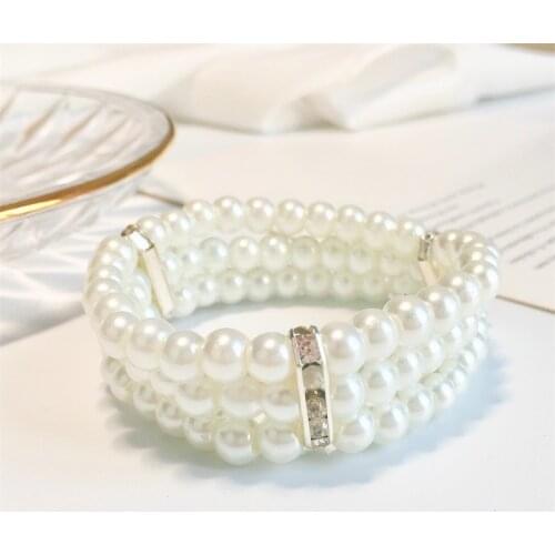 Fashion Womens Three-layer Rhinestone Full Round White Simulated Imitation Pearl Bracelet for Women