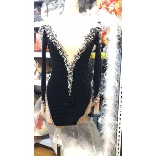 Long Sleeves Black stones Transparent Neck Dress Bar Women Dance Outfit Birthday Celebrate Outfit Stretch Short Dress