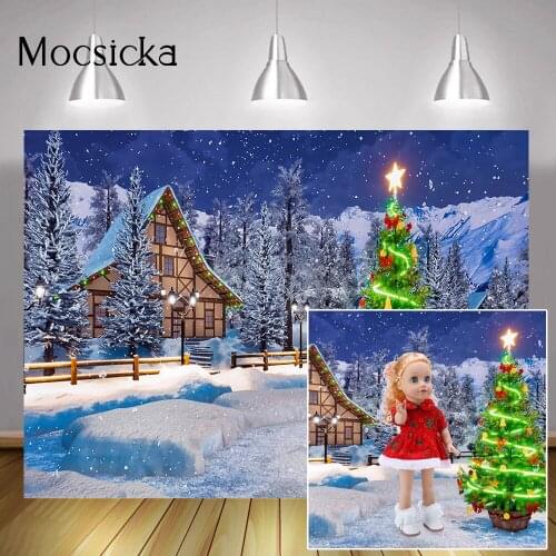 Winter Snow Scene Wonderland Background for Photography Frozen Pine Forest Christmas Birthday Backdrop Snow House Portrait Photo