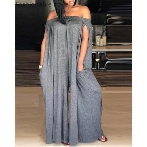 Women Casual Loose Off Shoulder Ruched Pocket Design Jumpsuit Plus Size